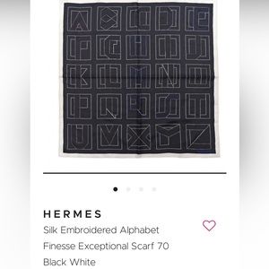 NWOT Hermes silk embroidered alphabet finesse exceptional scarf in black & white